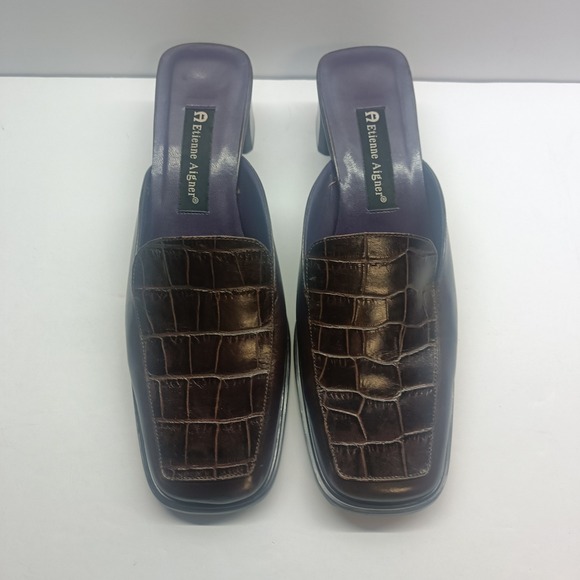 Etienne Aigner Women's Size 9M Croc/Gator Print Leather Mules Block Heel Brown - Picture 1 of 7